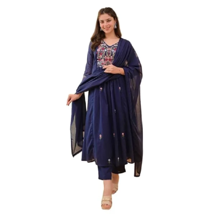 KLOSIA Women Embroidery Solid Anarkali Kurta and Pant Set with Dupatta